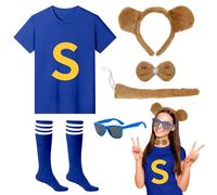 UxClishe 6Pcs Chipmunks Costume Set, Fancy Dress Outfit with T-shirt Chipmunk Ears Headband Bow Tie Tail Striped Socks Glasses for World Book Day, Halloween Cosplay, Animal Themed Party