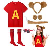 UxClishe 6Pcs Chipmunks Costume Set, Fancy Dress Outfit with T-shirt Chipmunk Ears Headband Bow Tie Tail Striped Socks Glasses for World Book Day, Halloween Cosplay, Animal Themed Party