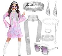 UxClishe 7 Pcs 1970s Disco Costume Set for Women, 70s Shine Disco Fancy Dress Accessories Set with Sequin Skirt Glasses Scarf Earring Headband Prom Dancing Outfit for Retro Party Supplies