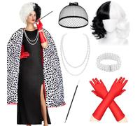 UxClishe 7 Pcs Cruella Costume Accessories Set, Cruella Fancy Dress Kit with Cape Gloves Wig for World Book Day
