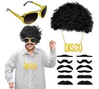 UxClishe 70s 80s Men Disco Costume Set, Hippie Men Fancy Dress Outfit with Sequin Shirt Gold Necklace Retro Glasses Wig Fake Beard for Funny Outfit Disco Ball Mardi Gras Party (XXL)