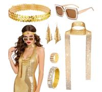 UxClishe 70s Disco Accessories Set, Fancy Dress Costume Set with Bling Headband Bracelet Earrings Glasses Scarf Ring Hippie Costume Fancy Kits for Girls 70s Theme Dance Party