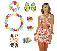 UxClishe 7Pcs Hawaiian Fancy Dress Set, Hawaiian Leis Set with Garland Flower Necklace Bracelet Pineapple Sunglasses Tattoo Stickers for Adult Kid Summer Beach Tropical Luau Party Decorations