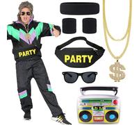 UxClishe 80s Shell Suit Costume Set for Men and Women, 1980s Tracksuit Retro Fancy Dress Up Outfit with Glasses Headband Wristbands 80s Outfits Set for Party Supplies-Black S