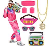 UxClishe 80s Shell Suit Costume Set for Men and Women, 1980s Tracksuit Retro Fancy Dress Up Outfit with Glasses Headband Wristbands 80s Outfits Set for Party Supplies-Rose Red XL