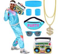 UxClishe 80s Shell Suit Costume Set for Men and Women, 1980s Tracksuit Retro Fancy Dress Up Outfit with Glasses Headband Wristbands 80s Outfits Set for Party Supplies-Blue M