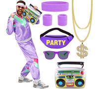UxClishe 80s Shell Suit Costume Set for Men and Women, 1980s Tracksuit Retro Fancy Dress Up Outfit with Glasses Headband Wristbands 80s Outfits Set for Party Supplies-Purple XL