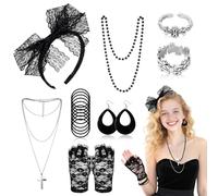UxClishe 8Pcs 80s Costume Accessories for Women, Fancy Dress with Fishnet Gloves Cross Necklace Lace Headband Earrings Bracelet Set Necklace Ring for 80s Retro Party Halloween Carnival