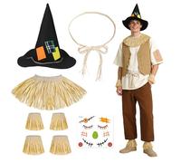 UxClishe 8Pcs Scarecrow Costume Accessories Set for Adults, Fancy Dress Sets with Hat Neck Arms Ankles Face Decals Rope Belt for Halloween Cosplay World Book Day Fall Festival Party Kit