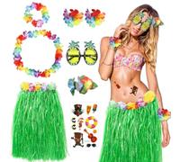 UxClishe 9 Pcs Hawaiian Hula Grass Skirt Set, Hawaiian Fancy Dress with Leis Grass Skirt Garland Flower Necklace Pineapple Sunglasses for Adult Kids Summer Beach Tropical Luau Party Decorations