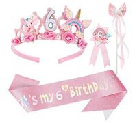 UxClishe Birthday Girl Decorations Set, Floral Princess Tiara Headband, Kids Party Accessories with 6th Birthday Crown Glitter Sash Magic Wand and Badge Ribbon for Girls Party Sparkling Decoration