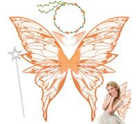 UxClishe Fairy Wings Adult Costume Set, Fairy Accessories Fancy Dress with Sparkling Butterfly Wings Floral Headband, Long Skin-Toned Elf Ears Wand for Halloween Chrismas Cosplay Party