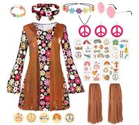 UxClishe Hippie Costume Set for Women, 70s Fancy Dress Outfit Hippiy Style Dress Up with Headband Fringe Vest-XXL