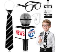 UxClishe Kids News Reporter Costume Set, Journalist Role Play Props with Fake Microphone Press Pass Tie Glasses and Headset for Career Day Halloween Party World Book Week School Dress Up
