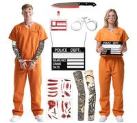 UxClishe Orange Prisoner Costume for Adults Halloween, Convict Fancy Dress Set with Top Pants Handcuffs Fake Bloody Knife Tattoo Sleeves Photo Badge Tattoo Stickers ID Badge for Prison Theme Party