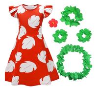 UxClishe Red Leaf Hawaiian Dress Costume Set for Girls, Hawaiian Fancy Dress Outfit with Skirt Flower Headband for Party Supplies (150cm)