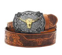 UxClishe Western Leather Cowboy Buckle Belt for Women Men, Longhorn Bull Buckle Belt, Cowboy Cowgirl Engraved Floral Design Leather Belts for Jeans Fancy Dress Up-120
