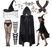 UxClishe Witch Costume Accessories Set for Women, Halloween Fancy Dress with Fishnet Stockings Cloak Witch Hat Lace Mask Gloves Nail Stickers Bat Stickers Earrings for Masquerade Cosplay Party-150cm