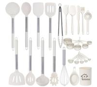 UXIYI Kitchen Utensils Set, Silicone Cooking Utensils, 27PCS Silicone Spatula Set with Stainless Steel Handle, Kitchen Tools for Nonstick Non Scratch Cookware,Cream