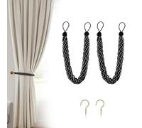 Uxney Black Curtain Tiebacks, 2 Pack Hand Braided Rope Curtain Holdbacks with Metal Hooks - Heavy Duty Black Tie Backs for Drapes, Window Treatment Decorative Holdbacks for Living Room