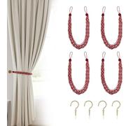 Uxney Red Curtain Tiebacks, 4 Pack Hand Braided Rope Curtain Holdbacks with Metal Hooks - Heavy Duty Red Tie Backs for Drapes, Window Treatment Decorative Holdbacks for Living Room