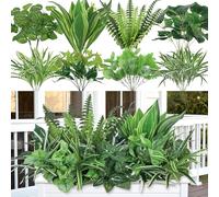 UXORSN 18PCS Artificial Greenery Plants Outdoor Fake Plant Plastic Green Leaves with Stems Large Bunches Boston Fern Outside Faux Plants Bushes for Patio Garden Front Porch Planter Window Decor