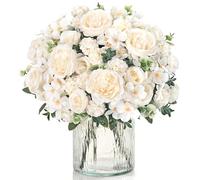 UXORSN 2 Bunches Artificial Roses Peonies Flowers White Fake Flower Silk Peonies Rose Hydrangea Faux Flower Bouquet Floral Arrangement for Wedding Party Home Table Centerpieces Decor (2, White)