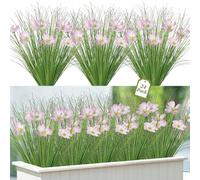 UXORSN 24 Bundles Artificial Flowers for Outdoors, UV Resistant Fake Shrubs Onion Grass with Pink Flowers, Faux Greenery Stems Artificial Bushes for Garden Planter Porch Window Box Decor