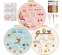 UXORSN 3 Sets Embroidery Kit for Beginners Adults Cross Stitch Starter Kits Learn 30 Different Stitches Practice Kit Fabric Craft with Flower Stamped Pattern Threads Needles Hoop Video Tutorials