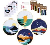 UXORSN 4 Sets Landscape Embroidery Kits for Beginners Adult Stamped Cross Stitch Kits with Mountain Sun Moon Pattern Starter Needlepoint Kits Embroidery Hoop Fabric Needles Threads Instruction