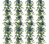UXORSN 4PCS 24FT Artificial Eucalyptus Flower Garland with Navy Blue and White Roses Fake Flowers Greenery Garland Faux Gypsophila Floral Vines for Wedding Party Home Table Runner Decor