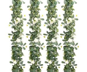UXORSN 4PCS/24FT Silk Hydrangea Artificial Eucalyptus Flower Garland Faux Greenery Vine Butterfly Leaves Ivy Hanging Plants Fake Floral Garland for Home Wedding Table Centrepiece Decor