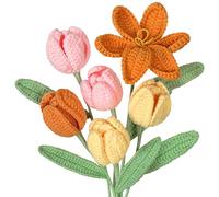 UXORSN 6PCS Crochet Flowers Bouquet Artificial Tulip Flower Bouquet Handmade Knitted Flowers Crocheted Bloom Tulips Bulk Fake Flowers Gift for Anniversary Graduation Mother's Day Wedding Decor