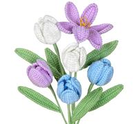 UXORSN 6PCS Crochet Flowers Bouquet Artificial Tulip Flower Bouquet Handmade Knitted Flowers Crocheted Bloom Tulips Bulk Fake Flowers Gift for Anniversary Graduation Mother's Day Wedding Decor