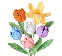 UXORSN 6PCS Crochet Flowers Bouquet Artificial Tulip Flower Bouquet Handmade Knitted Flowers Crocheted Bloom Tulips Bulk Fake Flowers Gift for Anniversary Graduation Mother's Day Wedding Decor