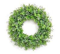 UXORSN Artificial Eucalyptus Wreaths for Front Door 20 Inch Spring Summer Door Wreath with Green Leaves White Flowers Welcome Wreath Fake Greenery Garland for Outdoor Window Wall Porch Fireplace Decor