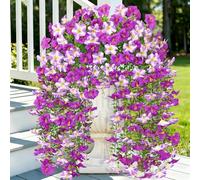 UXORSN Artificial Hanging Flowers Plants for Outdoor 2PCS Faux Silk Morning Glory with Eucalyptus Leaves UV Resistant Realistic Outdoor Fake Flowers for Balcony Porch Patio Yard Garden (Light Purple)