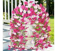 UXORSN Artificial Hanging Flowers Plants for Outdoor 2PCS Faux Silk Morning Glory with Eucalyptus Leaves UV Resistant Realistic Outdoor Fake Flowers for Balcony Porch Patio Yard Garden (Red Pink)