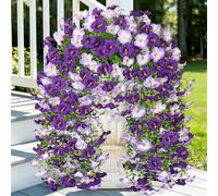 UXORSN Artificial Hanging Flowers Plants for Outdoor 2PCS Faux Silk Morning Glory with Eucalyptus Leaves UV Resistant Realistic Outdoor Fake Flowers for Balcony Porch Patio Yard Garden (Double Purple)