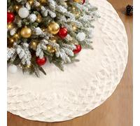 UXORSN Christmas Tree Skirt 36 Inch Large White Xmas Tree Base Cover Mat Rustic Thick Knitted Tree Skirt with 3D Woven Plaid Pattern Floor Mat Christmas Tree Decorations for Xmas Holiday Party Decor