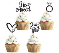 UXYOKM 24 Pack He Asked She Said Yes Cupcake Toppers Black Glitter Diamond Ring Heart Love Cupcake Picks for Wedding Engagement Party Cake Decorations Supplies