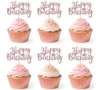 UXYOKM 24 Pcs Glitter Happy Birthday Cupcake Toppers - Rose Gold