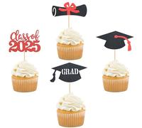 UXYOKM 24Pcs 2025 Graduation Cupcake Toppers Red Glitter Class of 2025 Grad Cap Diploma Cupcake Picks Cake Decorations Graduation Theme Party Supplies