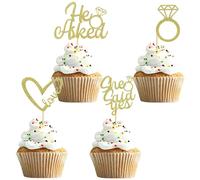 UXYOKM 24Pcs He Asked She Said Yes Cupcake Toppers Gold Glitter Diamond Ring Heart Love Cupcake Picks for Wedding Engagement Party Cake Decorations Supplies