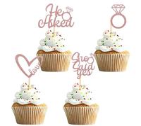 UXYOKM 24Pcs He Asked She Said Yes Cupcake Toppers Rose Gold Glitter Diamond Ring Heart Love Cupcake Picks for Wedding Engagement Party Cake Decorations Supplies