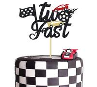 UXYOKM Two Fast Cake Topper Racing Car Checkered Flag 2nd Birthday Themed Cake Pick Boys Girls Kids Second Birthday Party Cake Decorations Supplies