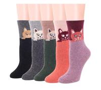 UYFRD 5 Pairs Winter Women Wool Socks Vintage Animal Cat Pattern Warm Socks Thick Cozy Knit Casual Mid Tube Boot Socks(Cat Pattern)