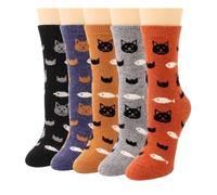 UYFRD 5 Pairs Winter Women Wool Socks Vintage Animal Cat Pattern Warm Socks Thick Cozy Knit Casual Mid Tube Boot Socks(Cat and Fish)