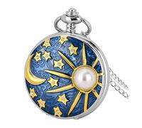 UYFRD Relief Sea Blue Star and Moon Quartz Necklace Inlaid with Pearl Silver Pocket Watch Pendant Chain for Male and Female Student