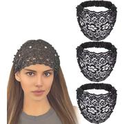Uyqad 3pcs Set Boho-Chic Crystal & Pearl Embellished Wide Headbands,Elegant Floral Beaded Lace Head Coverings for Women (one size,Black)